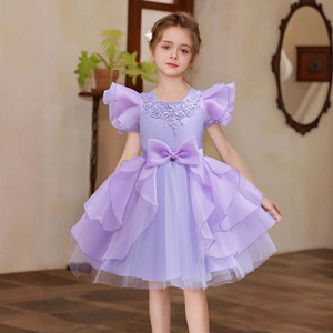 White Puffy Tulle Princess Dress For Girls Stage Performance Children's Dress With Embroidery And Bow - Product Image 3