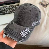 Gorra de Béisbol de Mezclilla Lavada Estilo Vintage, Gorra Desgastada con Bordado 'Never Give Up', 6 Paneles, Estilo Retro Urbano, Cierre a Presión