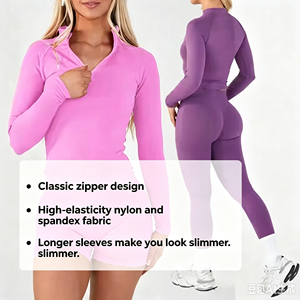Workout Sets <strong>for</strong> <strong>Women</strong> 2 Piece Gym Sportswear Seamless Scrunch Butt <strong>Leggings</strong> and Long Sleeves Jacket Set With Half Zipper - Product Image 2