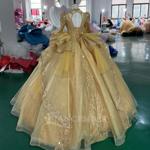 Mc053 Gold <b>Glitter</b> Tulle Prom Dress V Neck Long Sleeve Puff Shoulder Sequin Embroidered Crystal <b>Ball</b> Gown Jancember - Product Image 4