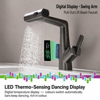 Robinet de lavabo de salle de bain en alliage de zinc, extractible, avec affichage numérique multifonction, rotation, eau froide et chaude, monotrou