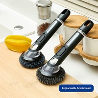 Brosse à vaisselle ergonomique et écologique avec distributeur de savon intégré, style raclette, quatre têtes de brosse supplémentaires, nettoyage liquide en un seul clic