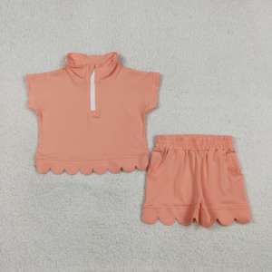 ชุดเซ็ตเสื้อโปโลขอบหยักสำหรับเด็กผู้หญิงมาใหม่, เสื้อครึ่งซิปสีลาเวนเดอร์พร้อมกางเกงขาสั้นมีกระเป๋าผูกเชือก, ชุดบูติกสำหรับเด็กเล็ก - Product Image 5