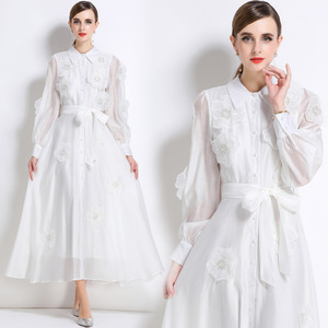 Vestido Camisero de Manga Larga <span class=keywords><strong>con</strong></span> Estampado Floral Blanco para Mujer, <span class=keywords><strong>con</strong></span> Cinturón, <span class=keywords><strong>Falda</strong></span> Larga Elegante en Línea A, Adecuado para Ocasiones Formales - Product Image 2