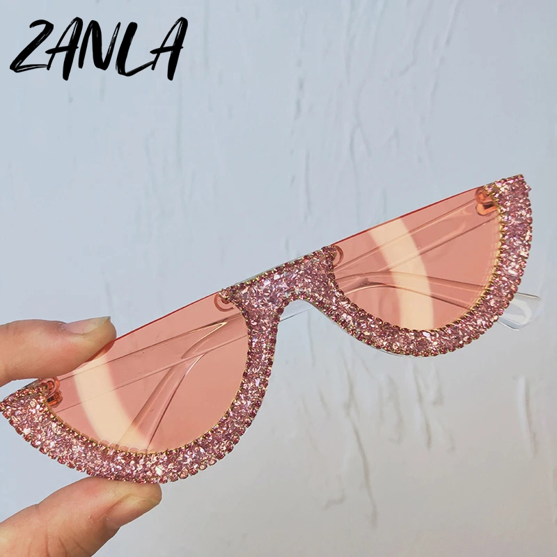 Half Frame Luxury Brand Designer Pink Diamond Sunglasses for
