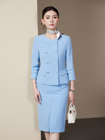 Ensemble tailleur deux pièces pour femme : blazer ajusté à col rond et jupe midi, couleur unie, idéal pour le bureau et les occasions formelles printanières