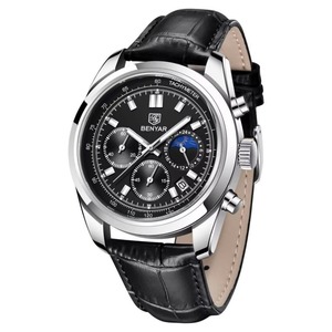 Montre-bracelet classique de luxe pour homme, chronographe à quartz 3 aiguilles 6 affichages, phase de lune, calendrier, étanche, bracelet en cuir, pour affaires - Product Image 2