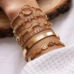 Pulseira geométrica, 6 pçs/set cor dourada círculo corrente pulseira para as mulheres geométrica zigzag forma pulseiras vintage robusto pulseiras