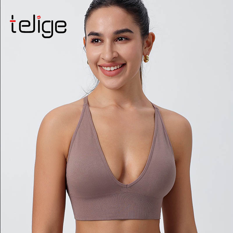 Custom Logo Girl Deep V Neck Gym Push up Backless Beautiful Cross Back Yoga Bra Fitness Quick Dry Gym Yoga Sports Bra for Women