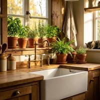 Meubles de cuisine en bois massif vert sauge, style transitionnel, avec évier intégré, charnières à fermeture amortie, panier d'angle et poignée brossée, certifiés