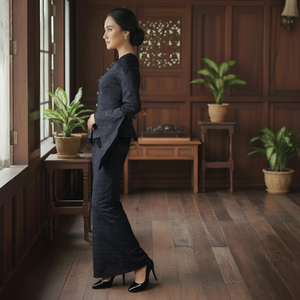 Robe de soirée modeste à traîne maxi, brodée, écologique, sans repassage, en crêpe et dentelle, tendance Baju Kurung Borong, Viral Raya 2025 - Product Image 3