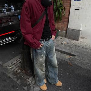 Pantalones vaqueros apilados para <span class=keywords><strong>hombre</strong></span>, largos, ajustados, negros, rasgados, estilo streetwear, proveedor de cubrecalzados de hip hop - Product Image 3