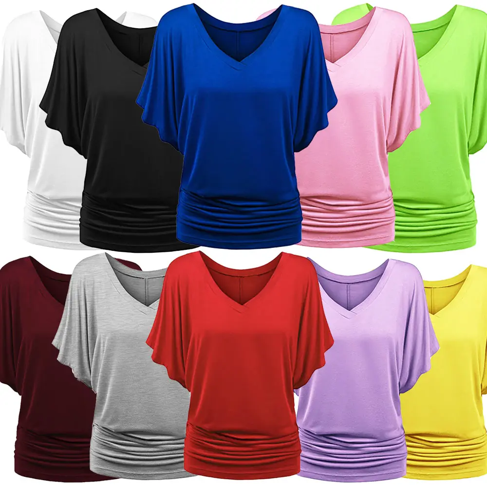 Factory Wholesale Women Custom 10 Colors S-5XL Batwing Sleeve Casual V Neck T shirt Tops