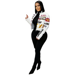 <span class=keywords><strong>Chaquetas</strong></span> de <span class=keywords><strong>Mujer</strong></span> con Estampado de Cuero Estilo Urbano, Novedades de Otoño Invierno, Chaqueta Corta con Parches de Letras, Chaqueta de Motociclista con Cremallera - Product Image 1