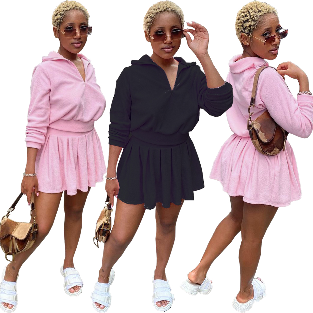 Pleated Skirt Set Women Fall Outfits Two Piece Sexy Fashion Tennis Skirt Two Piece Set Long Sleeve Mini Skirt Set
