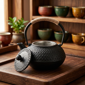 Théière en métal traditionnelle chinoise avec couvercle et poignée, design texturé noir - Product Image 5