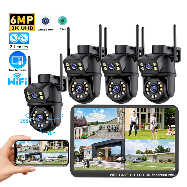 6MP Dual Lens Outdoor 4CH Wireless WiFi Home Security CCTV Camera System with TouchScreen 10.1'' TFT LCD NVR for Home and Office