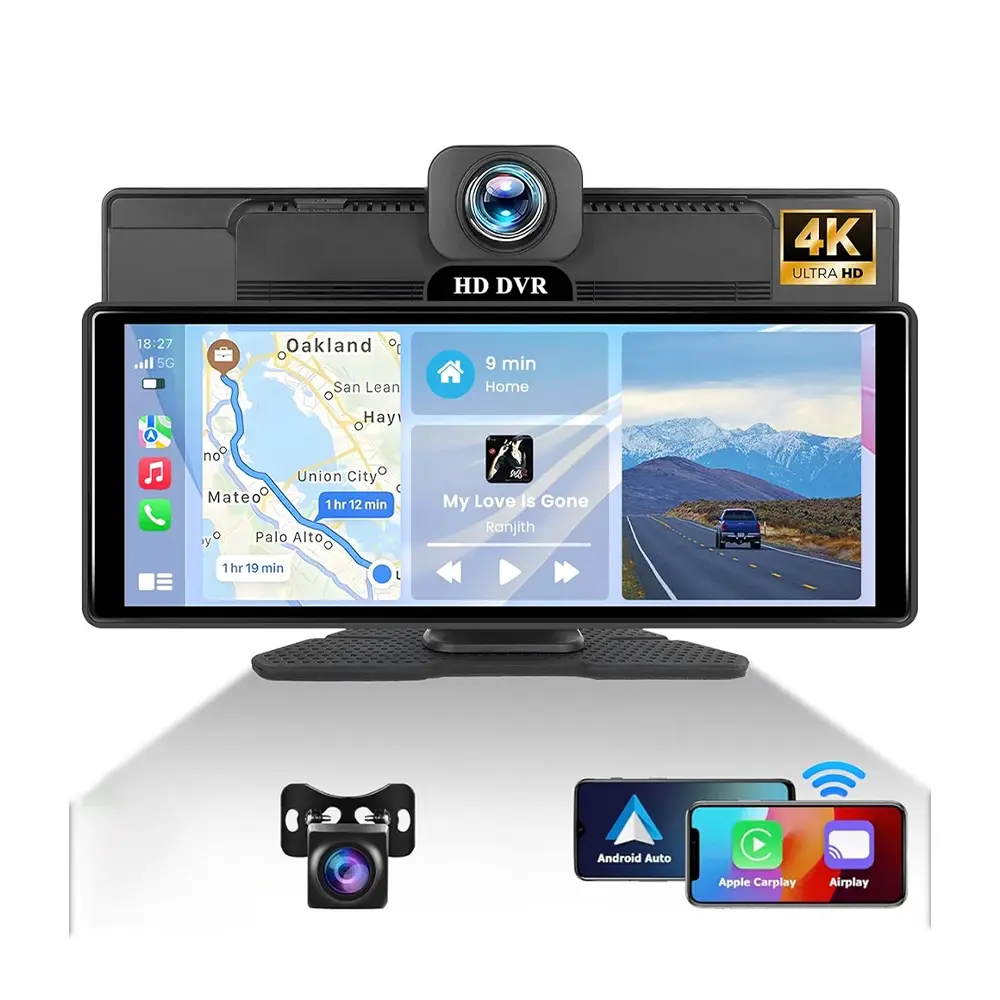 Carlover 10.26 ''터치 스크린 무선 WiFi BT Carplay 안드로이드 자동 4K 자동차 Dashcam DVR