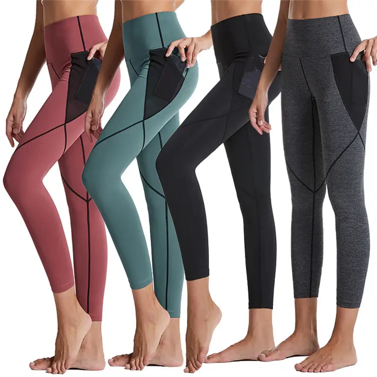 Оптовая продажа, Новые однотонные женские штаны для фитнеса и йоги с высокой талией, колготки для спортзала с карманами для ячеек