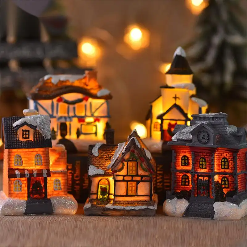 exquisite Christmas Village Houses Huaqi SDJ0706 luminous micro landscape resin garden ornaments For Christmas Present