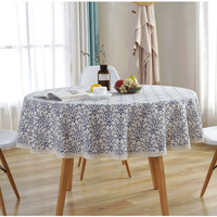Nappe ronde en coton et lin à imprimé floral en porcelaine bleue vintage, la plus vendue, avec bord festonné, pour restaurant