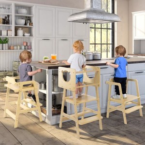 Children's Solid Wood <b>Kitchen</b> Stool With Handrails Foldable Toddler <b>Step</b> Stool For Kids Scandinavian Design - Product Image 1