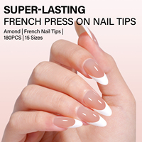 Faux ongles en amande à bout français en vrac, 180 pièces, 15 tailles, couvrance totale, à presser, couleur nude naturelle, fournisseur OEM de marque privée