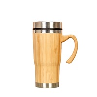 Mug Kopi Bambu Alami Dinding Ganda Stainless Steel, Termos Vakum, Tumbler Terisolasi, Cangkir Teh dengan Gagang, Tahan Panas 12-24 Jam