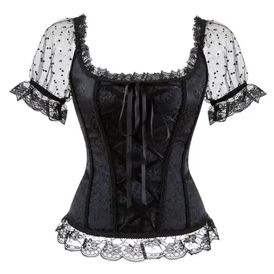 Espartilho retrô renascentista para princesa, blusa transparente com mangas de ombro, top de lingerie de brocado sexy com cadarço