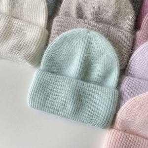 Wholesale Solid Color Angora Rabbit Fur Winter Cap Custom Logo Women <b>Men</b> Fisherman Classic Cuffed Ski Style Knitted Beanies <b>Hat</b> - Product Image 3