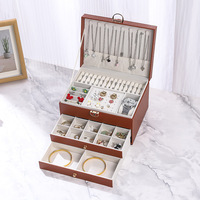 Boîte à bijoux rectangulaire grande taille à 2 niveaux avec serrure pour femmes, rangement pour bagues, boucles d'oreilles, colliers, en cuir PU