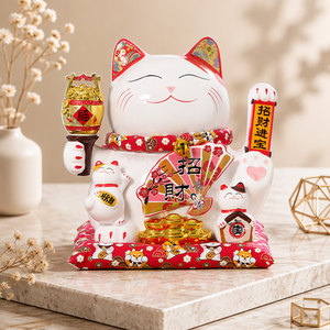 Prêt à être expédié - Chat porte-bonheur en <span class=keywords><strong>porcelaine</strong></span> de 11 pouces - <span class=keywords><strong>Maneki</strong></span> <span class=keywords><strong>Neko</strong></span> - Feng Shui - Cadeau d'affaires - Souvenir du Nouvel An chinois - Figurine - Product Image 6