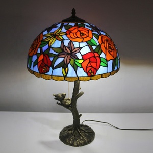 LongHuiJing Tiffany Style Stained Glass Lampshade Desk Lamps Rose Pattern Table Lamps With Antique Base - Product Image 2