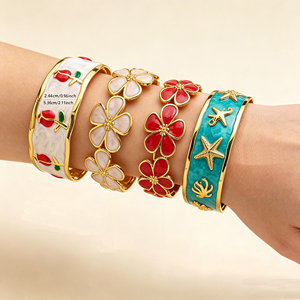 Bracelet manchette fleuri en émail <span class=keywords><strong>color</strong></span>é pour femme, en acier inoxydable, ajustable, style bohème, bijoux floraux, accessoires étanches - Product Image 1