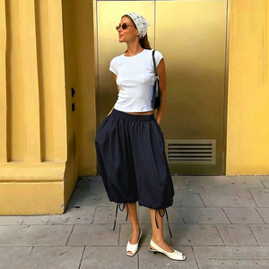 Shorts de Mujer con Cintura Tipo Paperbag, Cordón Ajustable, Pierna Recta, Color Sólido, Corte Holgado, Casuales, Estilo Bermuda para Verano - Product Image 5