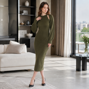 Sophisticated Custom Print Knit Two-Piece Outfit Crew Neck Midi Knit Dress Matching Shawl <b>Cardigan</b> for Ladies 2026 Fall - Product Image 4