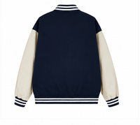 Veste de baseball unisexe décontractée, style varsity, bleu marine et beige, avec broderies et col rayé