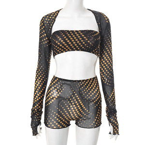 ZHEZHE Completo da <span class=keywords><strong>Donna</strong></span> 3 Pezzi Sexy con Stampa a Pois, Top a Fascia Senza Spalline con Maniche Lunghe in Rete, Shorts Sopra il Ginocchio, Coordinato Trendy - Product Image 2