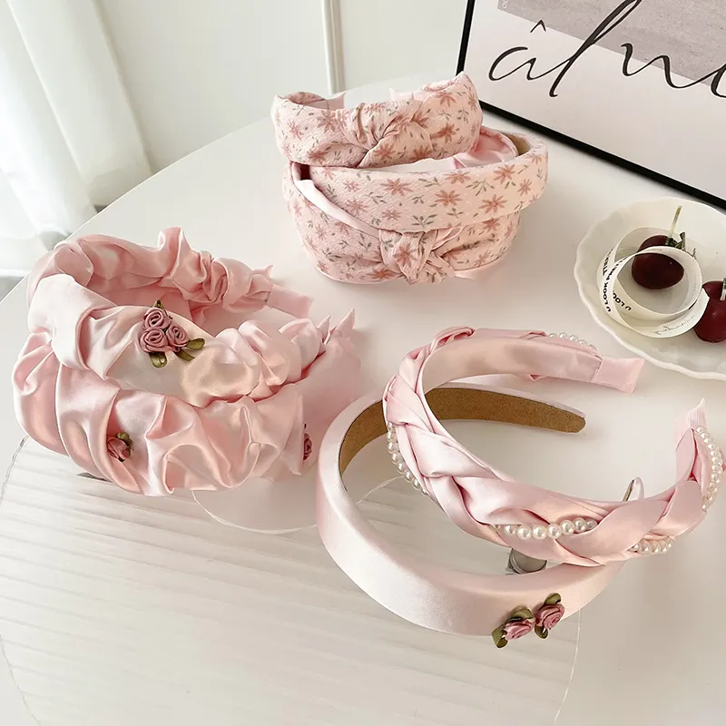 Accesorios para el cabello de lujo francés para mujer y niña, diadema de resina con Perla Rosa rosa, patrón de flores, para la vida diaria