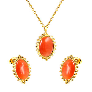 Oval Cat's Eye Stone Jewelry <b>Set</b> Women's Gold Plated <b>Beaded</b> Trim Necklace Earrings Everyday Wear Fine Jewelry - Product Image 4