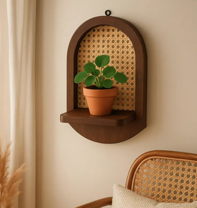 Étagère murale flottante en bois naturel moderne marron foncé Étagère de rangement d'entrée Étagère murale avec rotin - Product Image 2