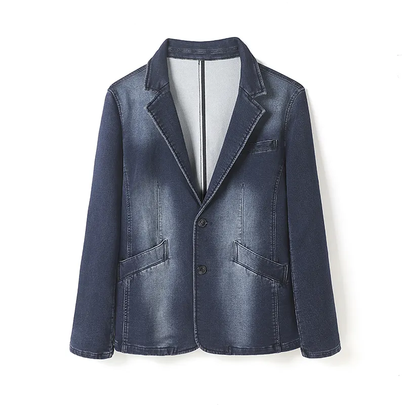 custom wash color High-stretch knitted vintage dark blue denim jacket sample style men's blazer suit jacket