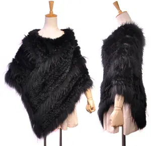 YR813 Hand Knit Rabbit Racocon Fur Stole Wholesale Women Fashion Fur Poncho