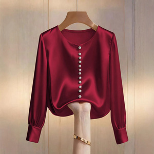 Camiseta Casual de Primavera para Mujer, Estilo Europeo y Americano, Cuello Redondo, <span class=keywords><strong>Manga</strong></span> <span class=keywords><strong>Larga</strong></span>, Tejido con Cuentas, Color Sólido - Product Image 3