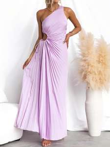 Elegante Abito da Sera Plissettato con Spalla Scoperta e Ritaglio in Vita, Vestito Estivo - Product Image 3