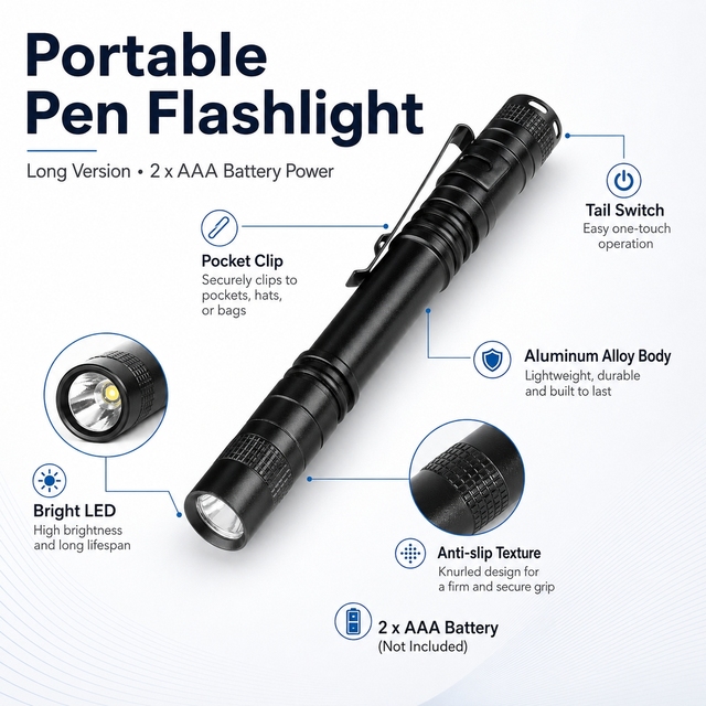 Portable Aluminum Alloy LED Pen Flashlight with Pocket Clip Tail Switch 3 Modes 2 AAA Batteries for Inspection Camping Emergency