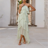 Robe longue décontractée pour femme, style licou, sans manches, dos nu, à nouer, à volants, à étages, élégante, mode, vente en gros, usine, marque privée