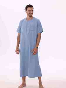 <b>Men's</b> Light Blue Cotton <b>Thobe</b> Short Sleeve Round Neck Loose Fit Ankle Length Casual Daily Wear Middle East Style - Product Image 1