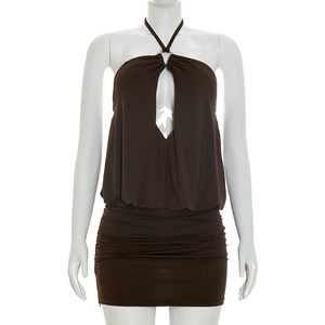 Viviblook D26DS099 Vestido Mini Sexy de Verano para Mujer, Sin Mangas, Color Sólido, con Tirantes Halter, Espalda Descubierta, Ajustado, para Fiesta - Product Image 1