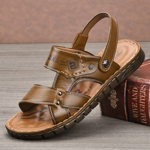 Solid <b>Flat</b> <b>Sandals</b> Men Genuine Leather Open Toe Rubber Outsole Anti Slip Casual Summer Wear Leather Logo - Product Image 2